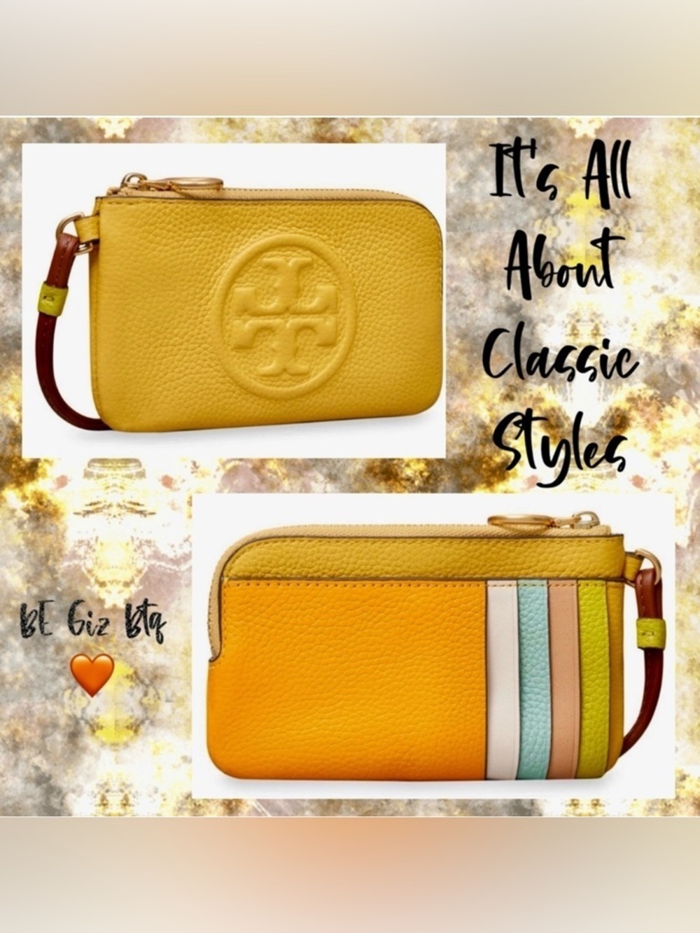 🆑 Tory Burch Authentic Leather Color Block Zip Card Case Yellow NWT